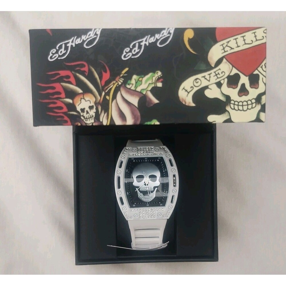 Ed Hardy Watch White Case Skull Face New In Box Mens White Band.